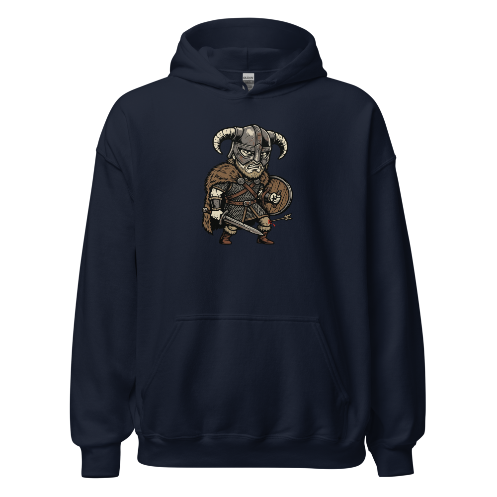Horned Helmet Hero Arrow To The Knee Woodcut Tee — navy front view