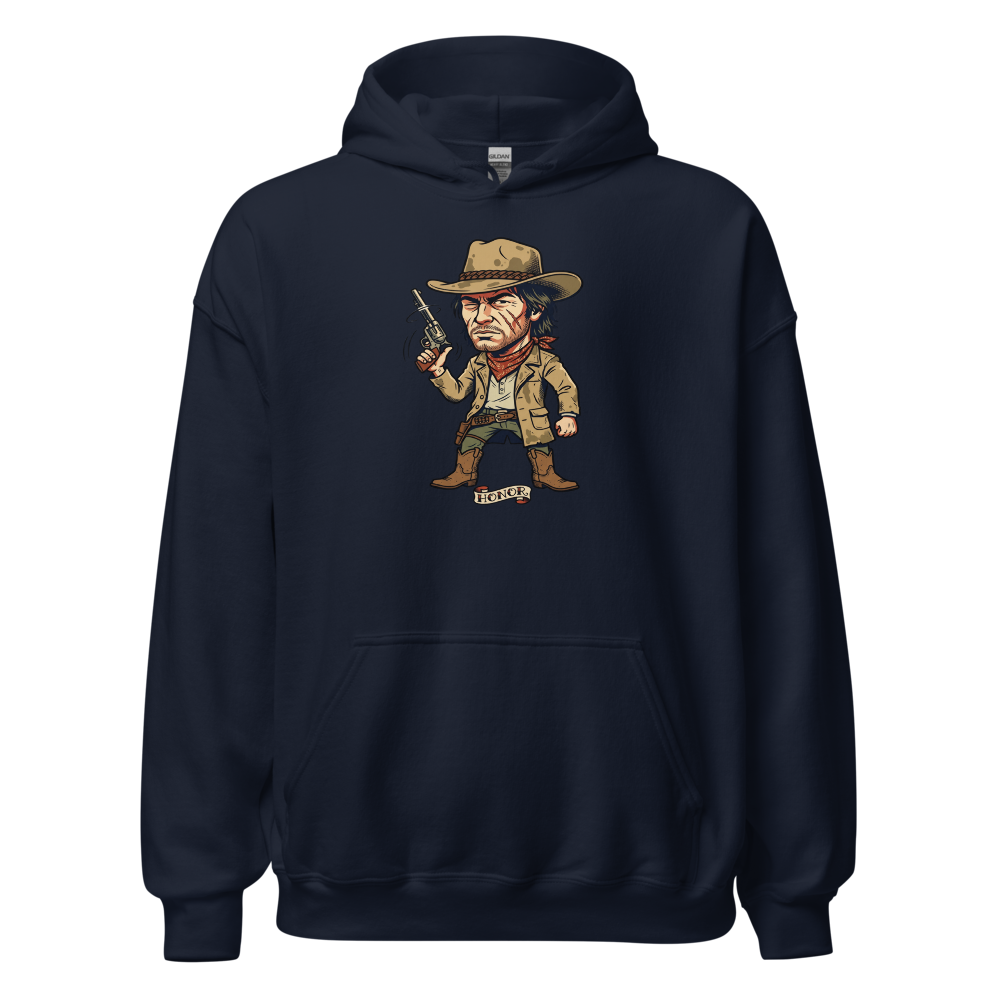 Scarred Outlaw Revolver Spinner Tattoo Flash Tee — navy front view