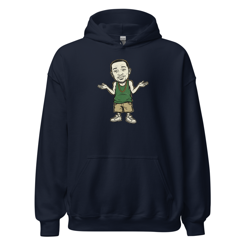 Here We Go Again Open-World Shrug Punk Tee — navy front view