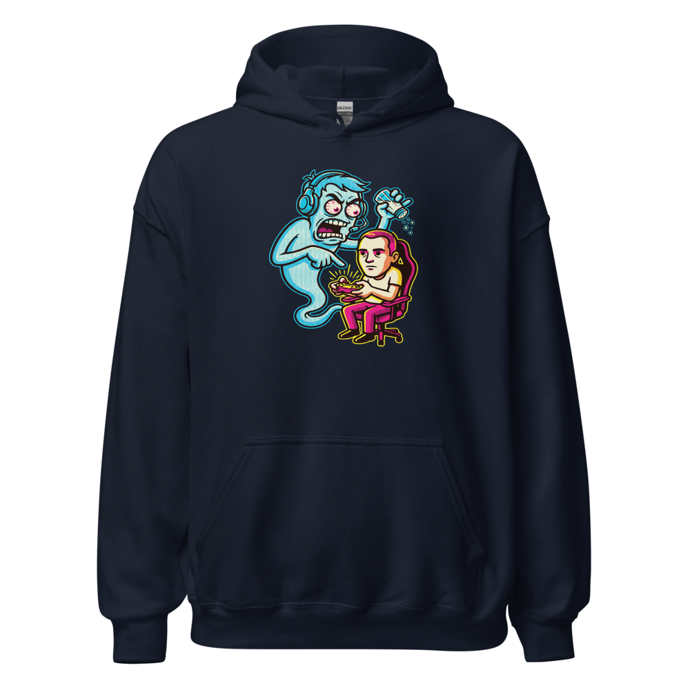 Salty Ghost Backseat Gamer Halftone Pop Art Tee — navy front view
