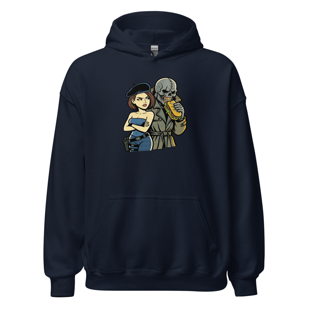 Parisian Beret Survival Horror Sandwich Parody Tee — navy front view