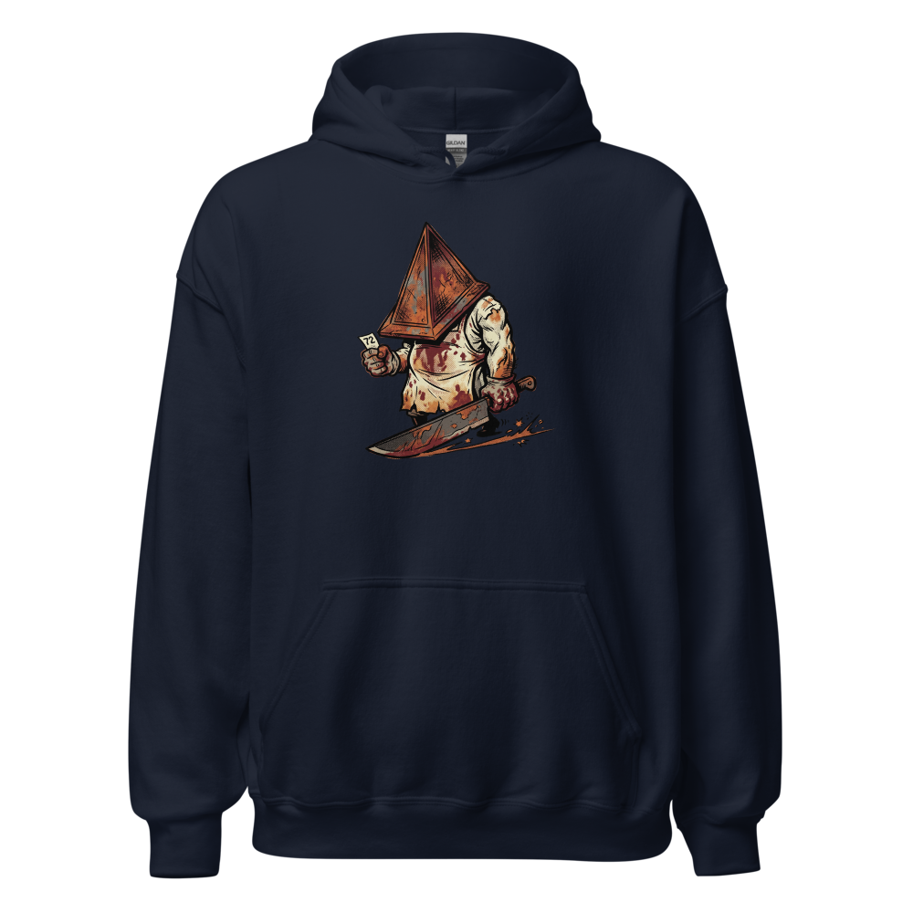 Horror Executioner at the DMV Halftone Parody Tee — navy front view