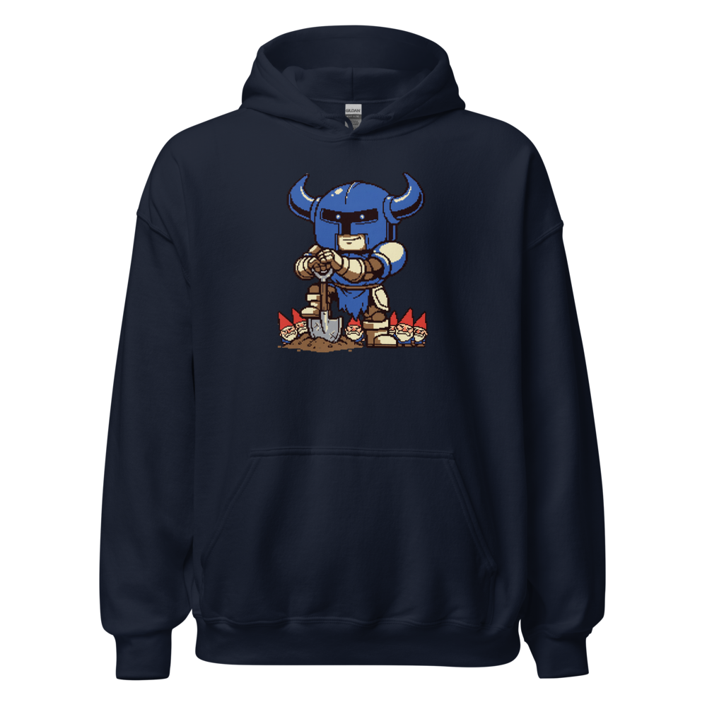Pixel Knight Gnome Gardener Retro 16-Bit Gaming Tee — navy front view