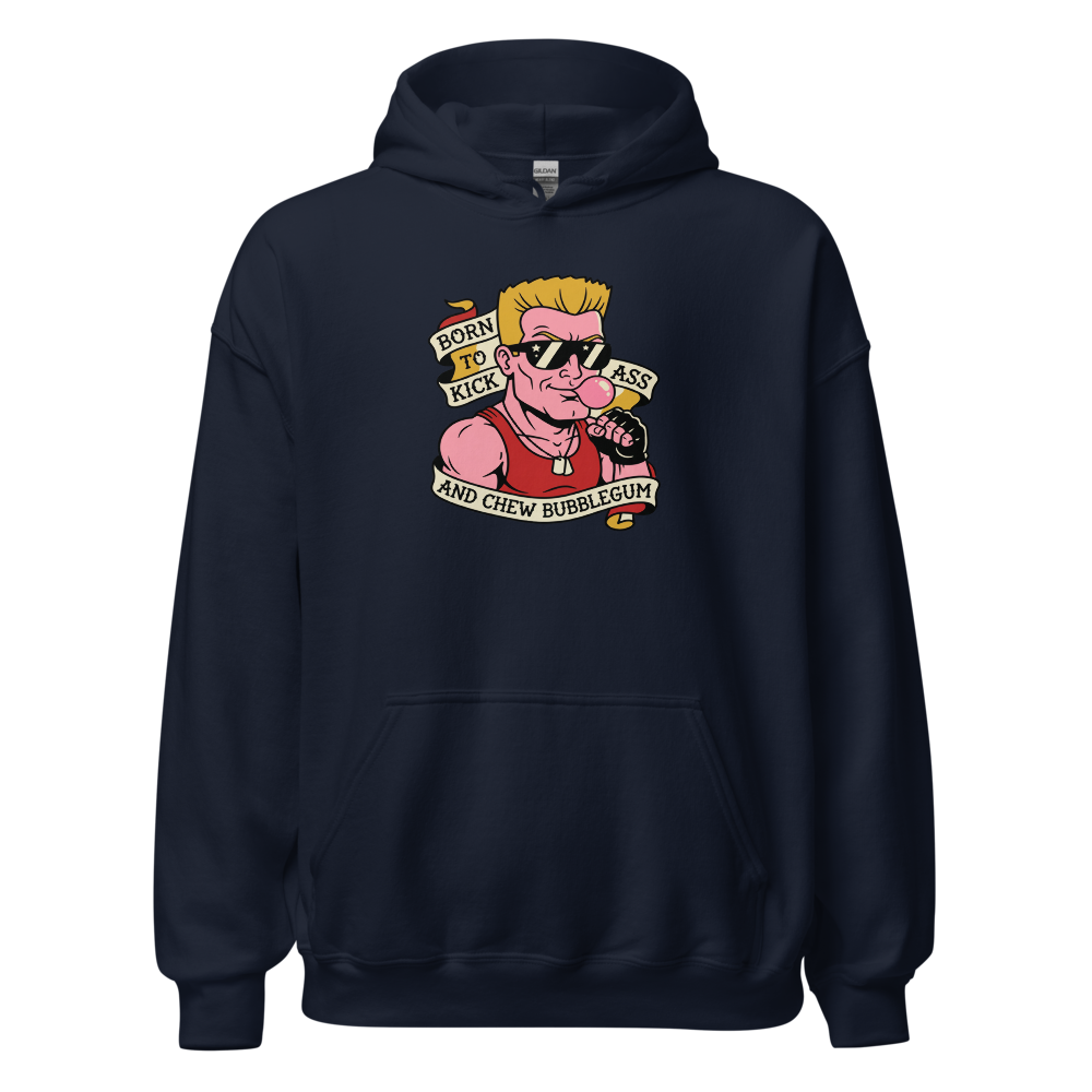 Bubblegum Action Hero Traditional Tattoo Flash Tee — navy front view