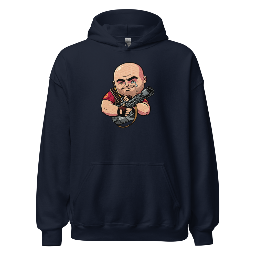 Big Russian Gunner Minigun Hug Pop Art Tee — navy front view