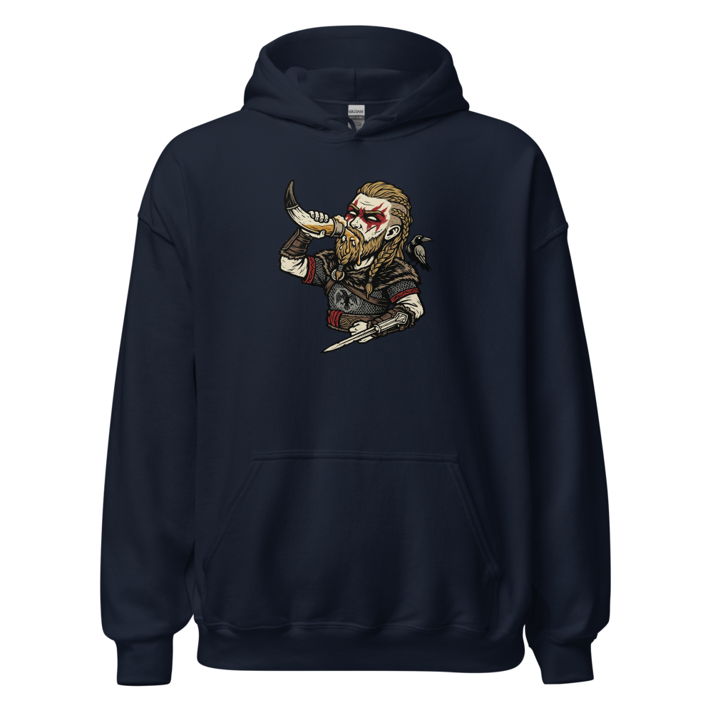 Viking Raider Mead Horn Hidden Blade Woodcut Tee — navy front view