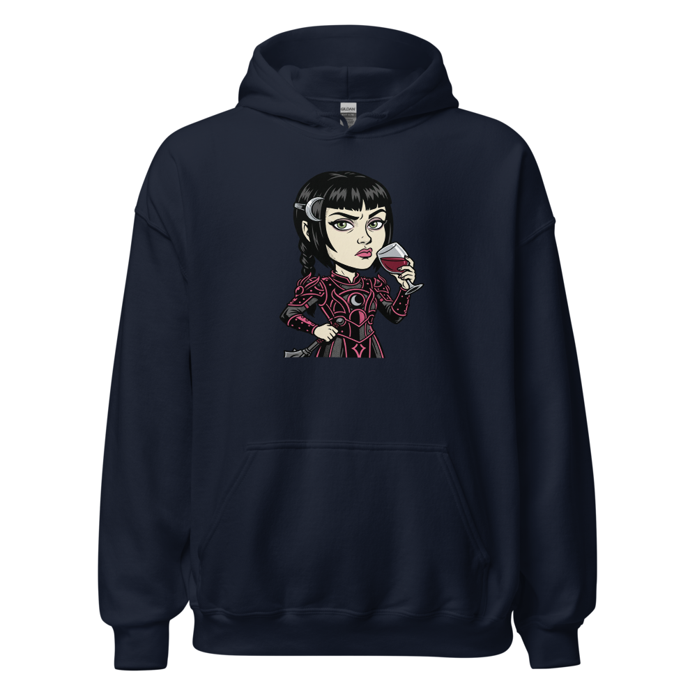 Moody Cleric Wine Judgment Comic Ink RPG Tee — navy front view