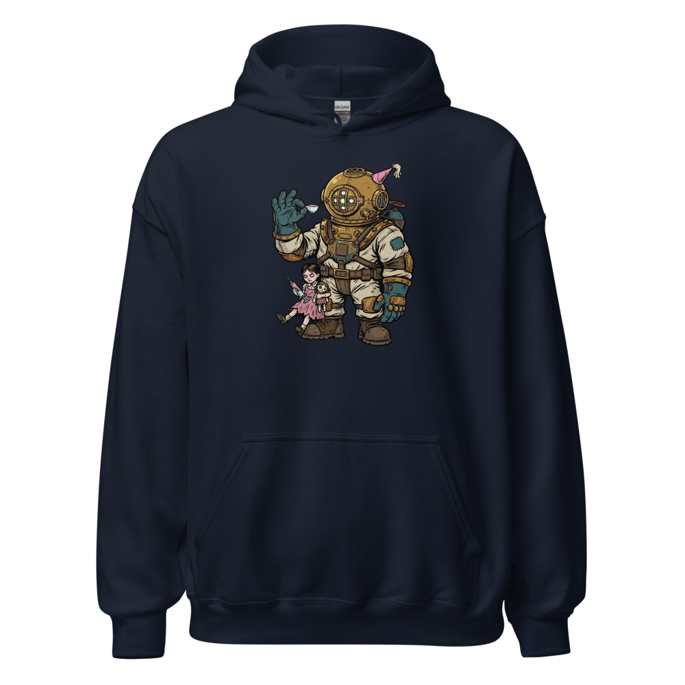 Deep Sea Diver Tea Party Comic Ink Graphic Tee — navy front view