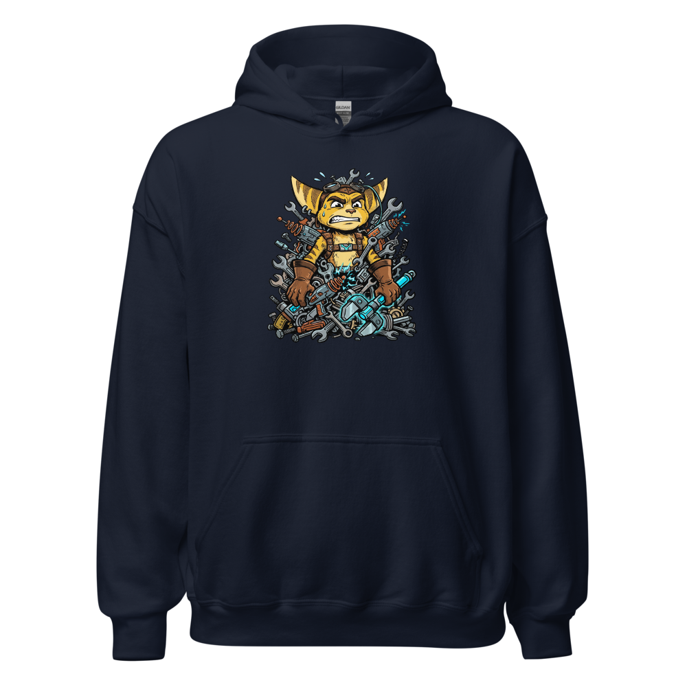 Overwhelmed Space Mechanic Wrench Pile Comic Tee — navy front view