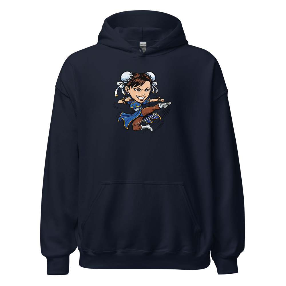 Arcade Fighter Spinning Kick Halftone Pop Art Tee — navy front view