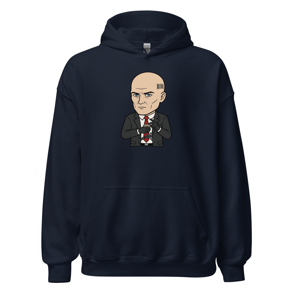 Deadpan Bald Assassin Cappuccino Order Tee â€” Navy front view