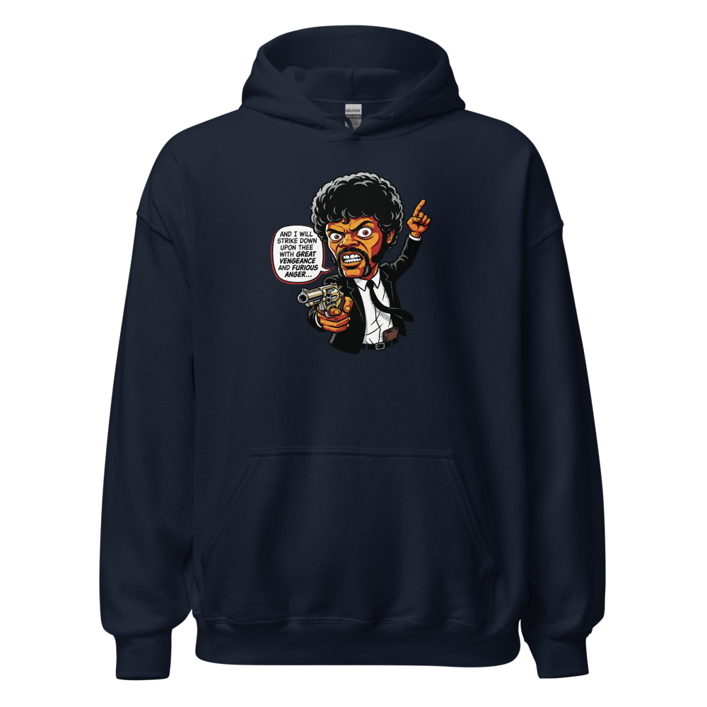 Righteous Hitman Halftone Pop Art Movie Tee — navy front view