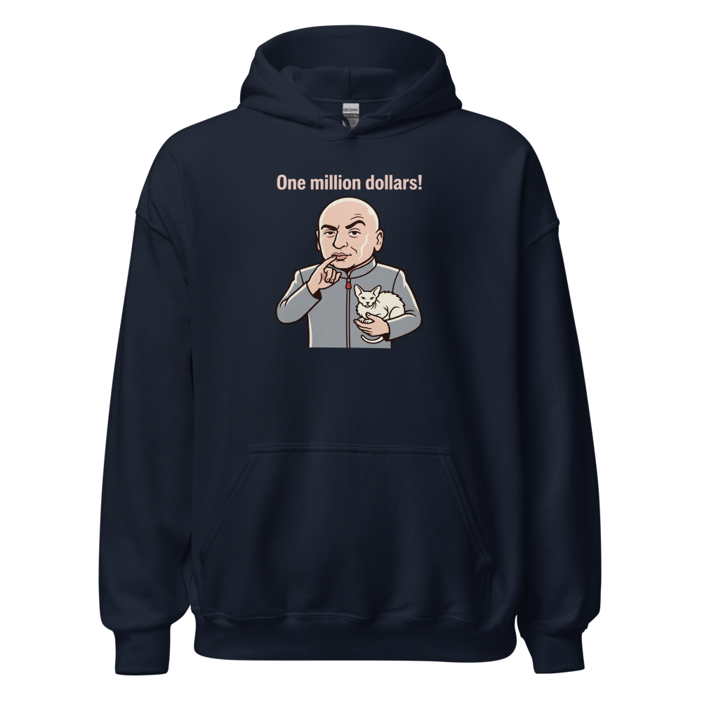 One Million Dollars Bald Supervillain Parody Tee — navy front view