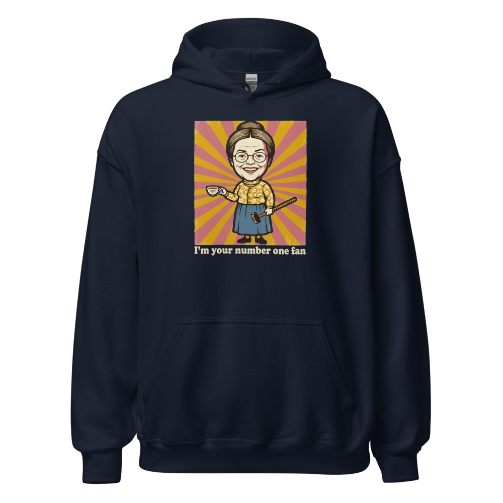 Number One Fan Creepy Housewife Horror Parody Tee — navy front view