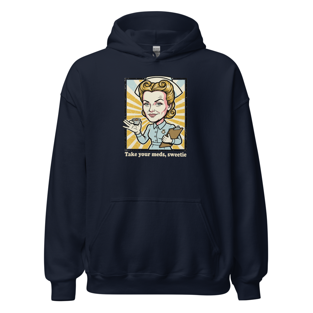 Take Your Meds Sweetie Propaganda Nurse Tee — navy front view