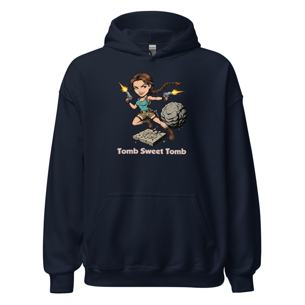 Tomb Sweet Tomb Action Heroine Adventure Tee — navy front view