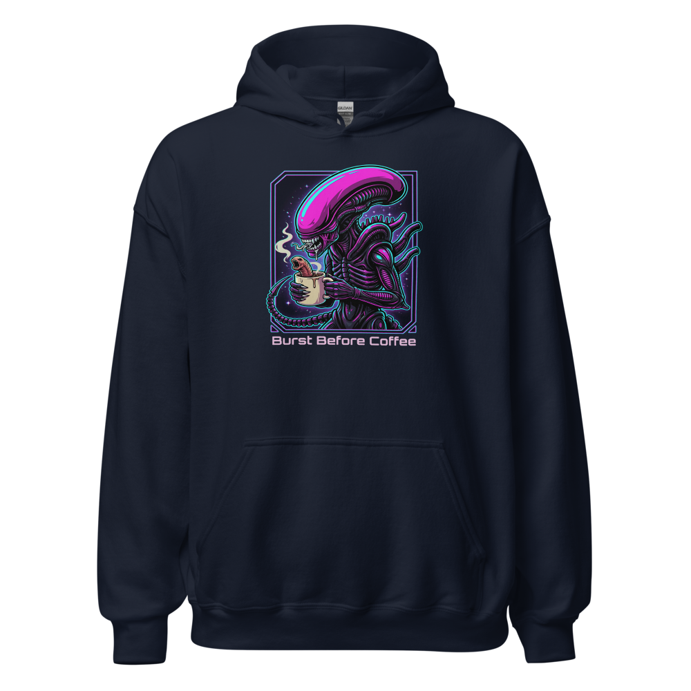 Burst Before Coffee Cyberpunk Alien Horror Tee — navy front view