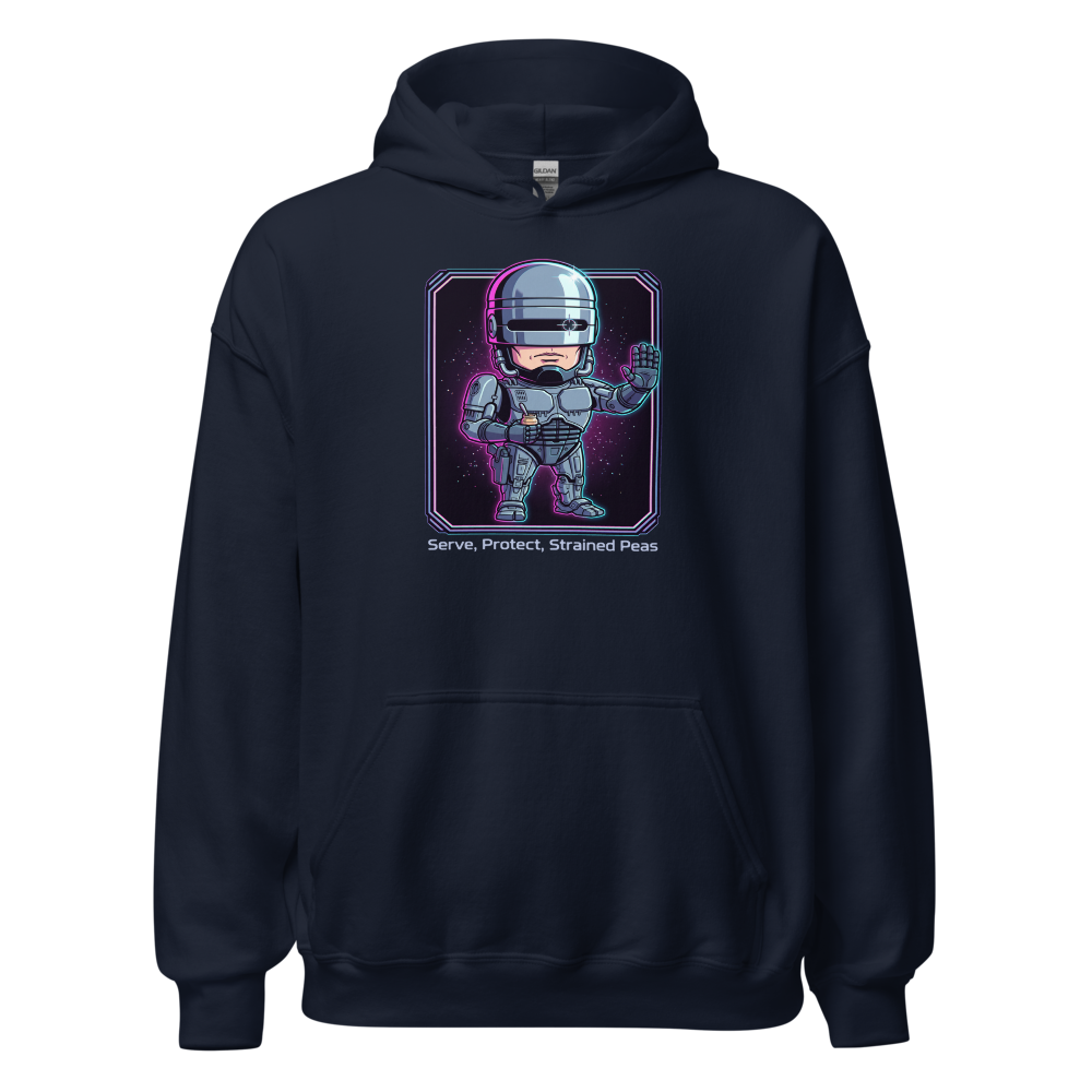 Cyborg Cop Strained Peas Cyberpunk Parody Tee — navy front view