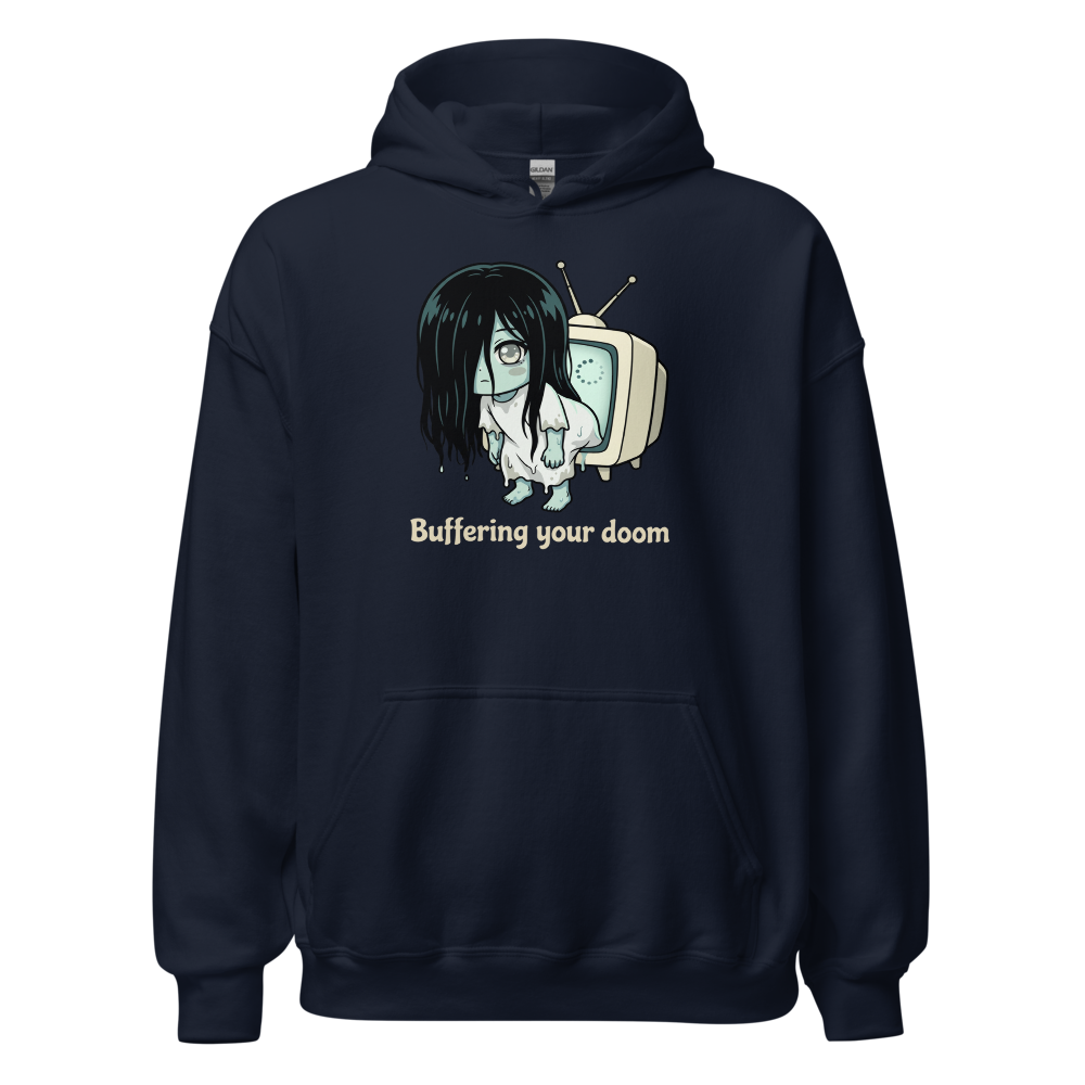Buffering Your Doom Chibi Kawaii Horror Ghost Tee — navy front view