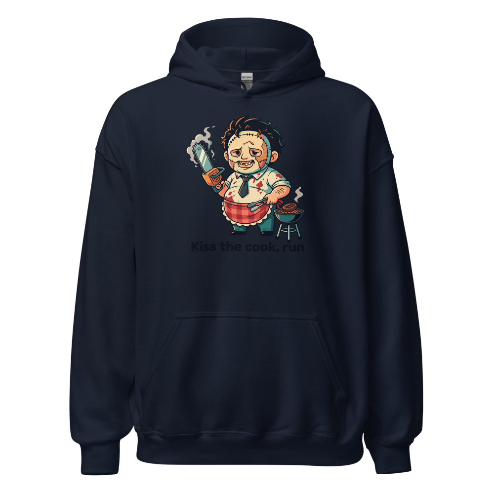 Chibi Slasher Grill Dad Chainsaw BBQ Horror Tee — navy front view