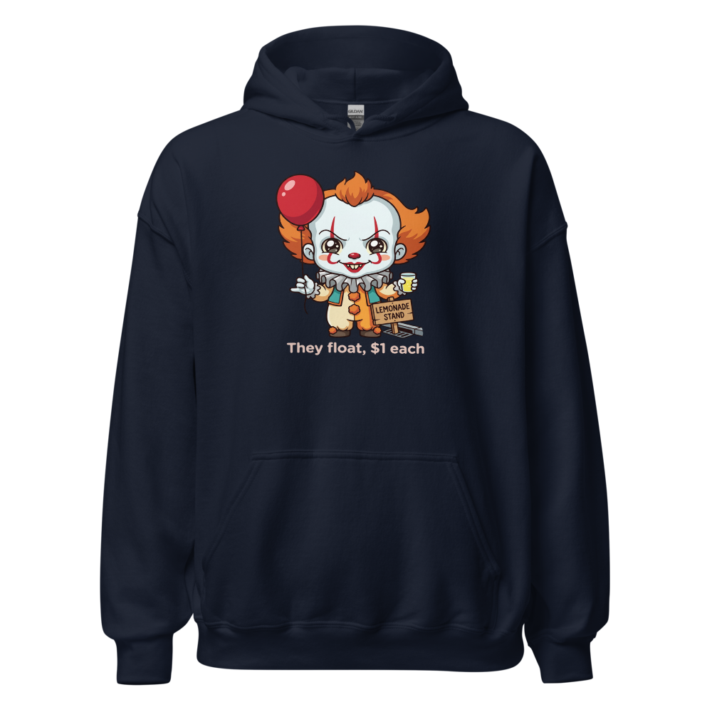 Chibi Creepy Clown Lemonade Stand Horror Parody Tee — navy front view