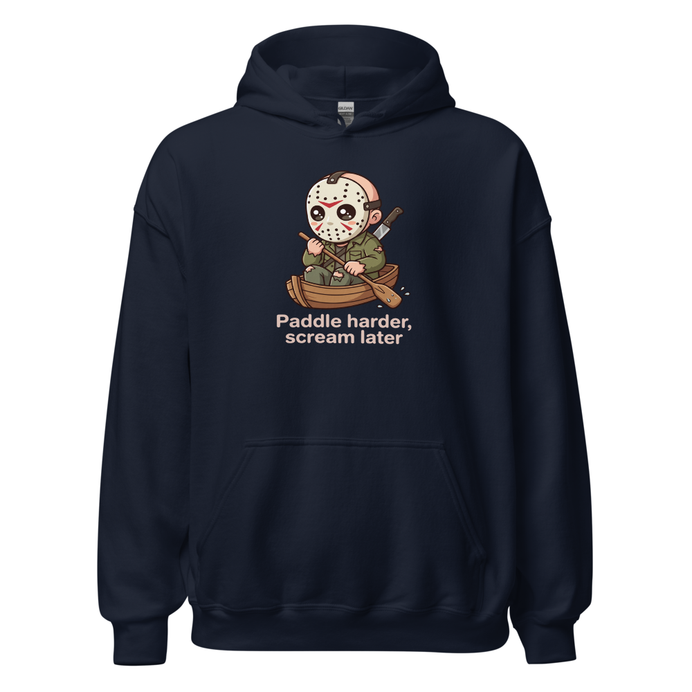 Chibi Slasher Camp Canoe Horror Parody Tee — navy front view