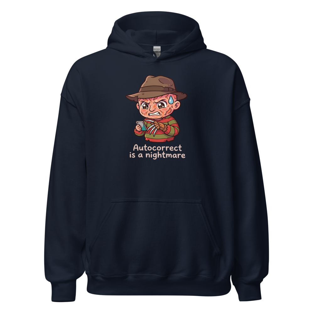 Chibi Slasher Autocorrect Nightmare Horror Parody Tee — navy front view