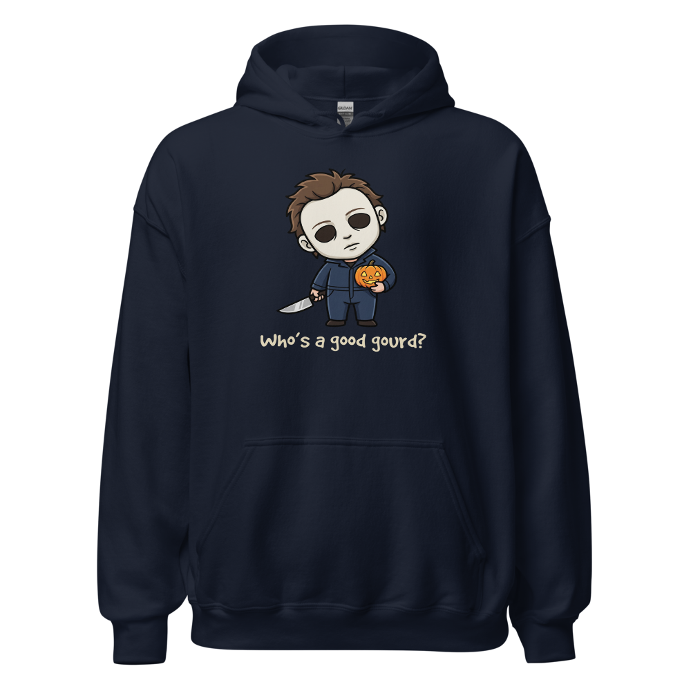 Confused Puppy Slasher Chibi Pumpkin Halloween Tee — navy front view