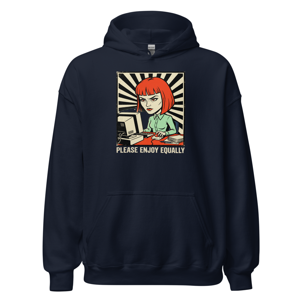 Please Enjoy Equally Office Drone Propaganda Tee — navy front view
