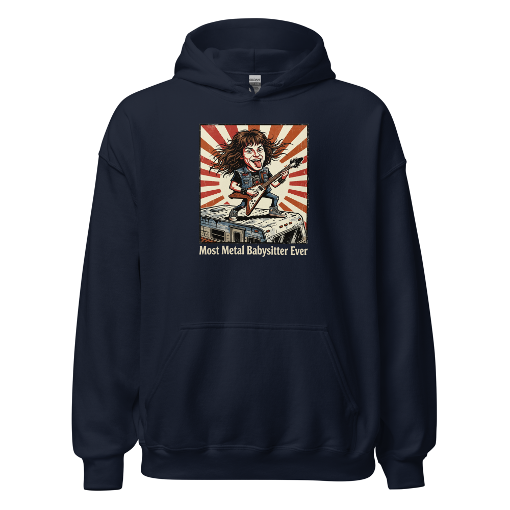 Most Metal Babysitter Ever Flying V Shredder Tee — navy front view