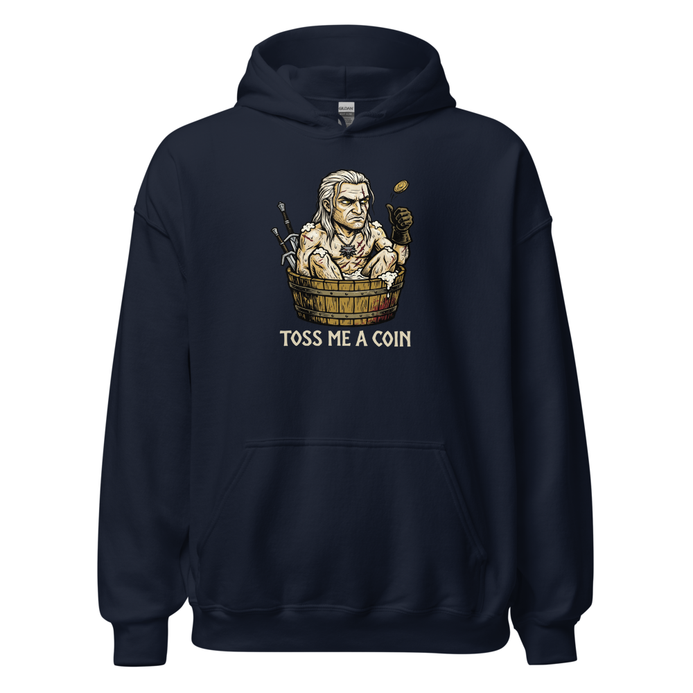 Grumpy Monster Hunter Bathtub Coin Toss Woodcut Tee — navy front view