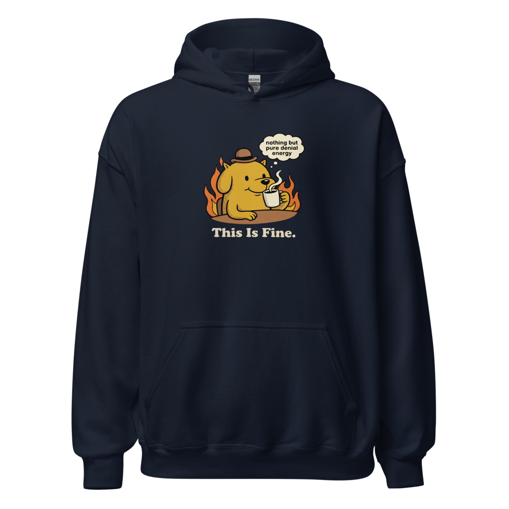 Everything's Fine Coffee Dog Meme Tee — navy front view