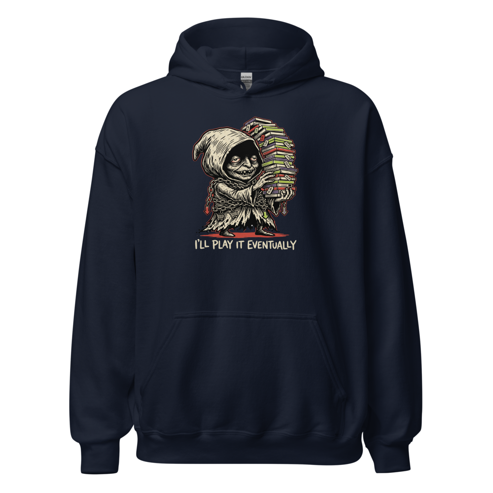 Eternal Sale Backlog Gremlin Linocut Gamer Tee — navy front view