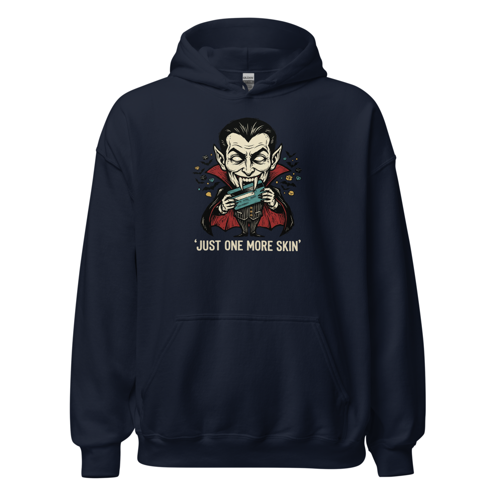 Microtransaction Vampire Woodcut Gaming Meme Tee — navy front view