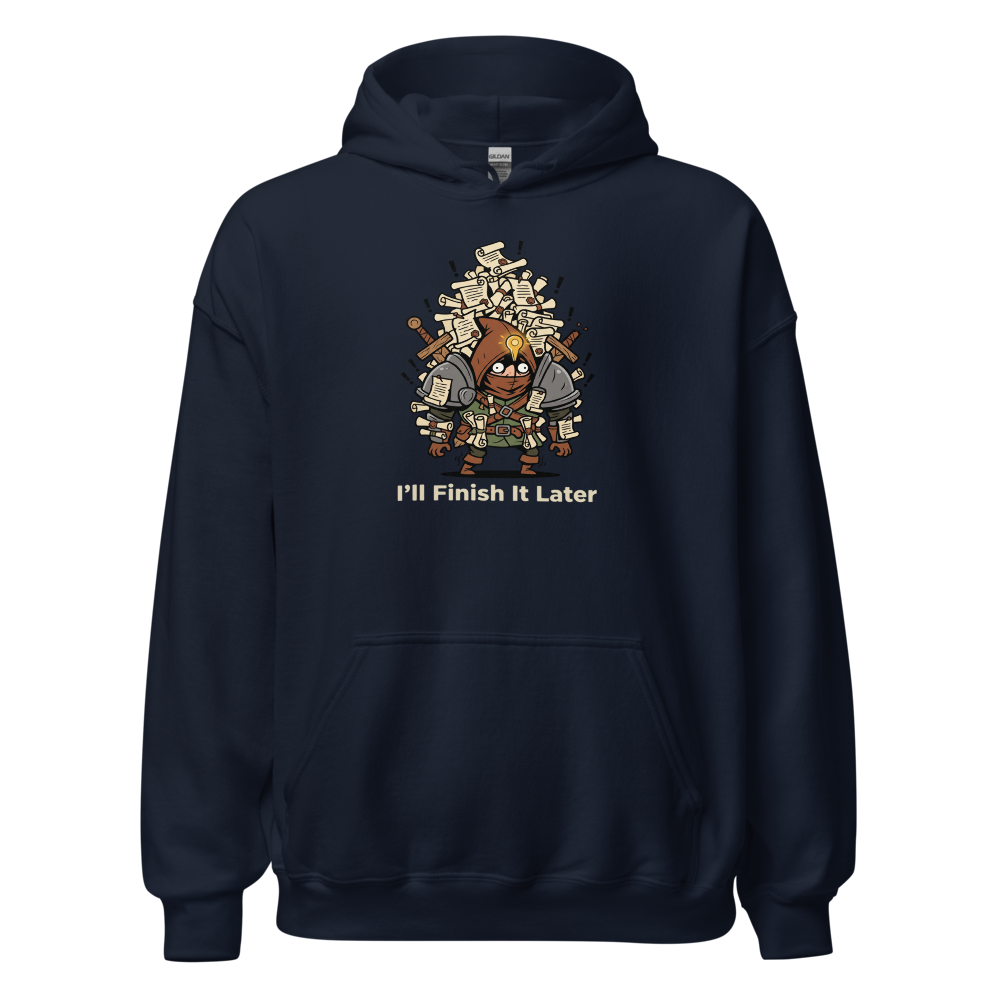 Side Quest Hoarder Retro RPG Gamer Tee — navy front view