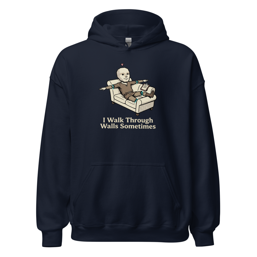 Glitched NPC Therapy Couch Wall-Walk Gamer Tee — navy front view