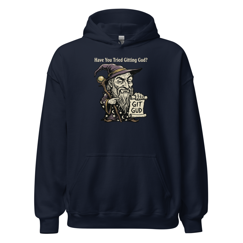 Git Gud Wizard Mentor Woodcut Gamer Meme Tee — navy front view