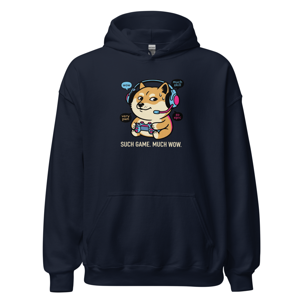 Sweaty Shiba Streamer Such Wow Gaming Meme Tee — navy front view