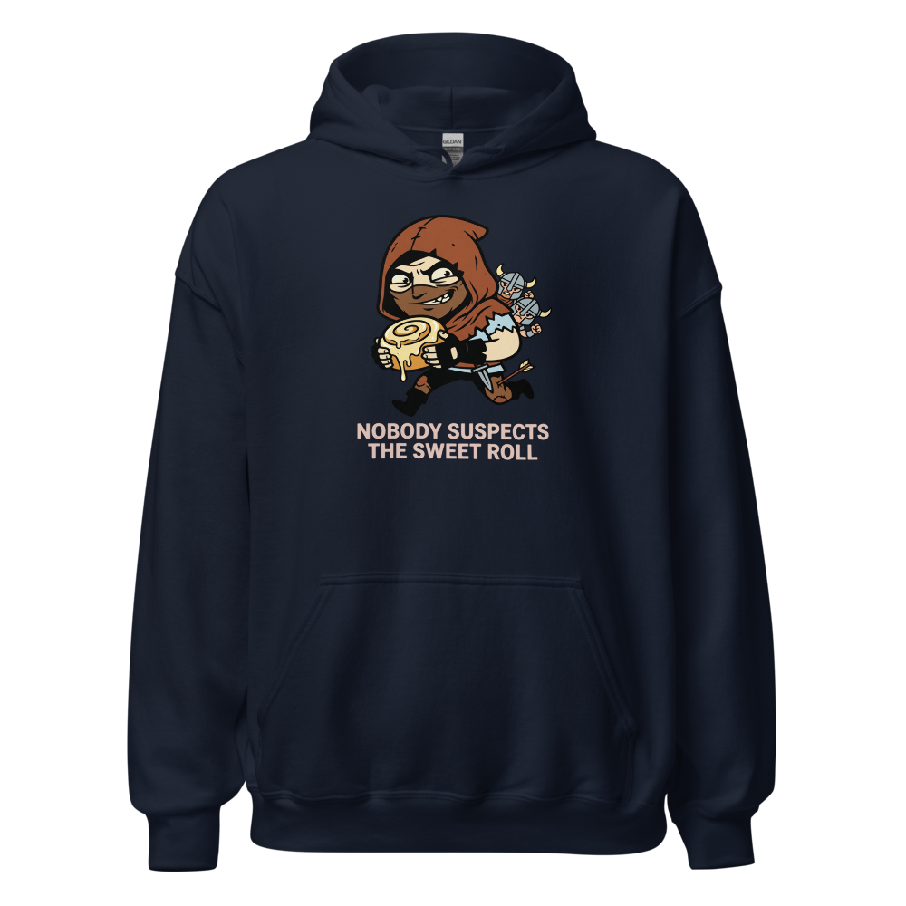 Nobody Suspects The Sweet Roll Retro RPG Thief Tee — navy front view