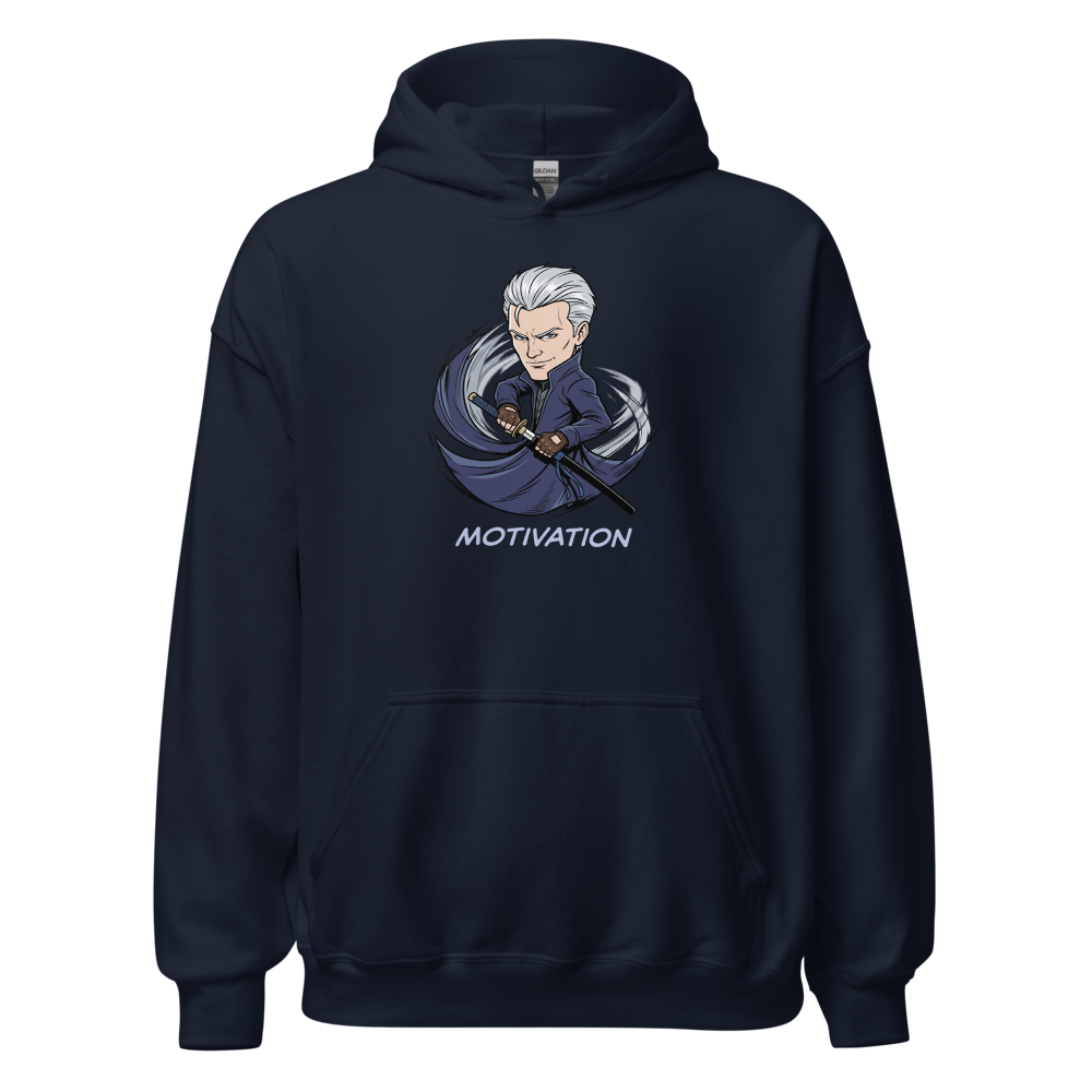Stoic Swordsman Judgement Slash Motivation Tee — navy front view