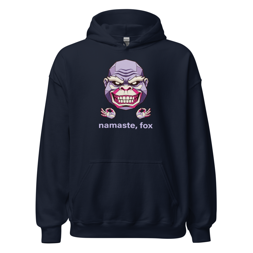 Namaste Fox Meditating Ape Boss Low Poly Tee — navy front view