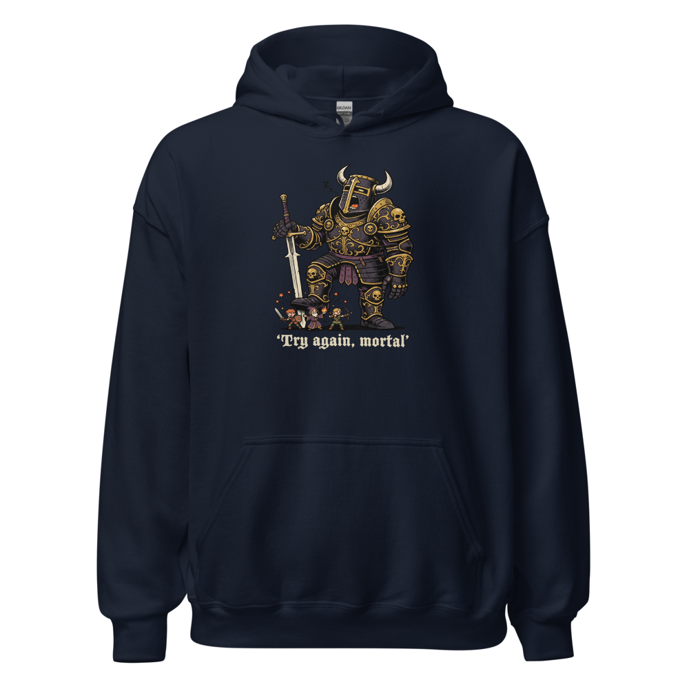 Try Again Mortal Optional Superboss RPG Tee — navy front view
