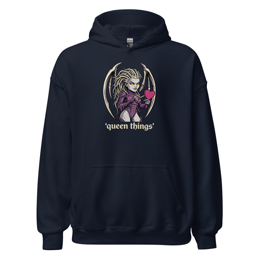 Queen Things Bone-Blade Vanity Boss Comic Ink Tee — navy front view