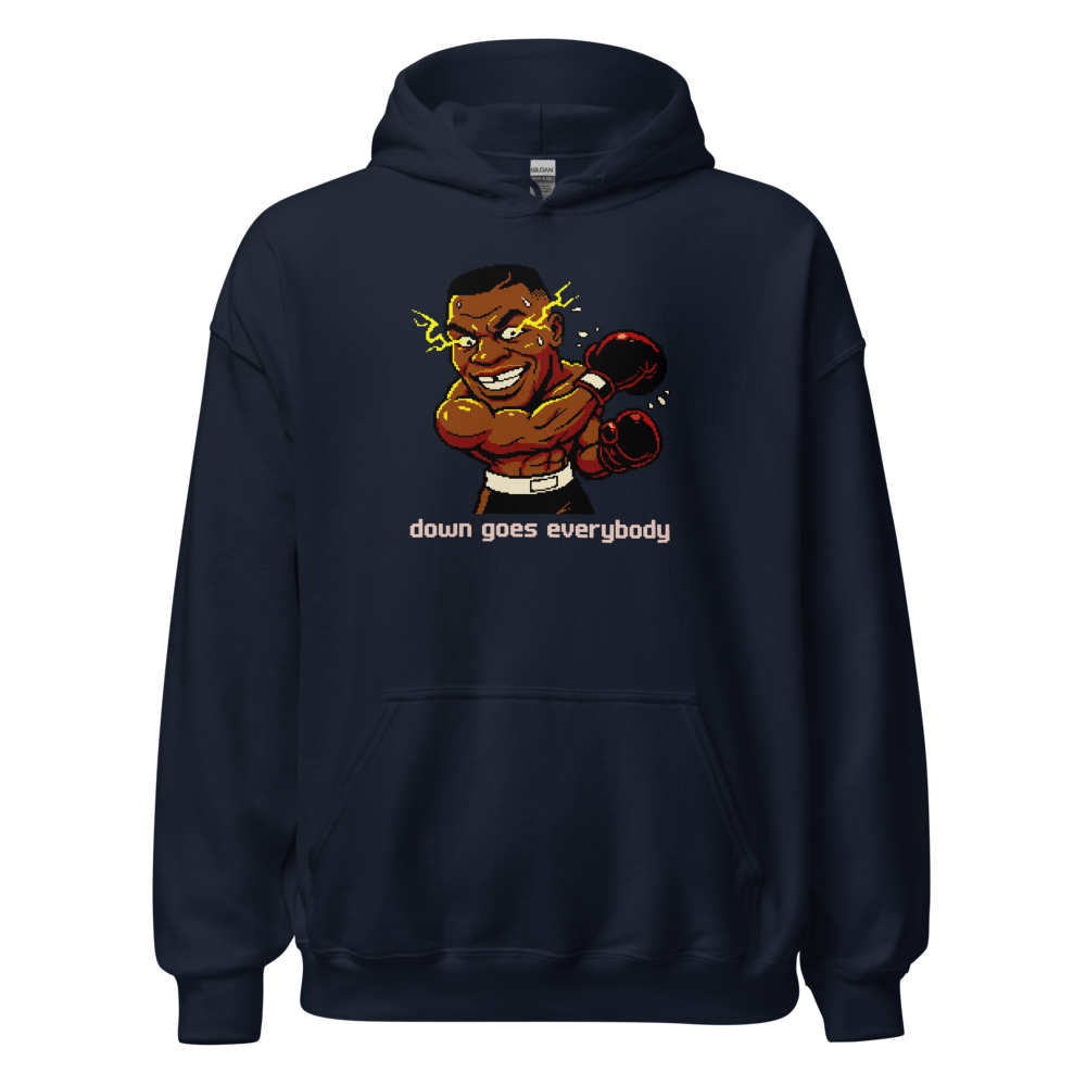 16-Bit Pixel Boxer Down Goes Everybody Retro Tee — navy front view