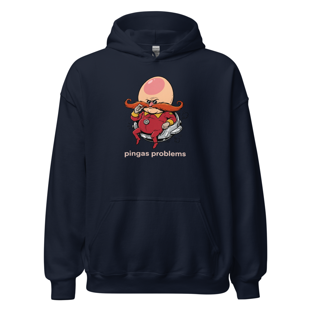 Egg-Shaped Villain Hover Pod Problems Tee — navy front view