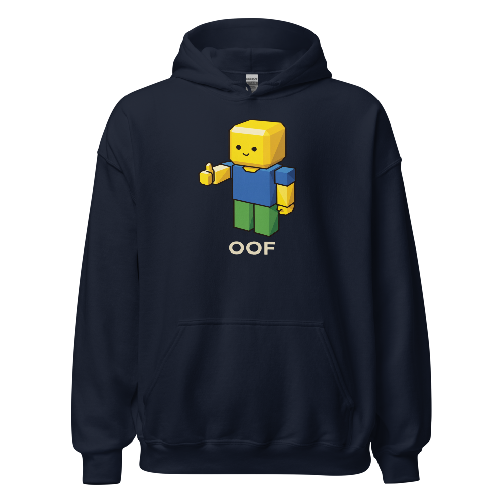 Low-Poly Blocky Noob Oof Sandbox Gamer Tee — navy front view