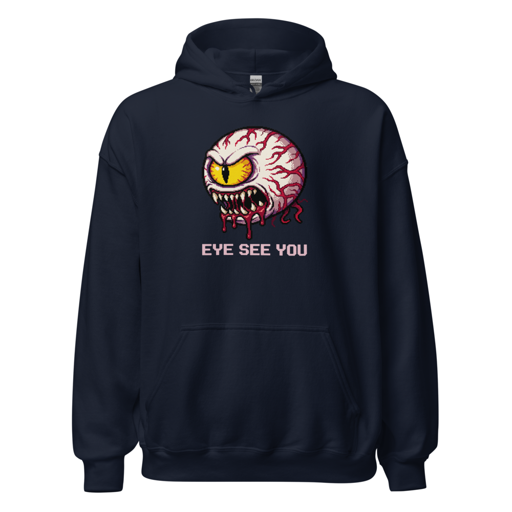 Eye See You Retro Pixel Boss Eyeball Gamer Tee — navy front view
