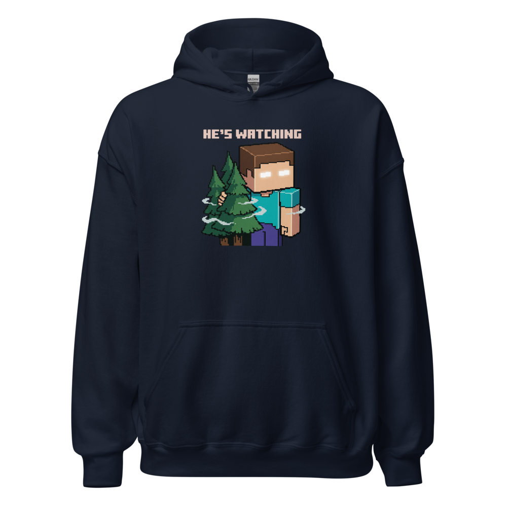 He's Watching Pixel Lurker Retro Sandbox Tee — navy front view
