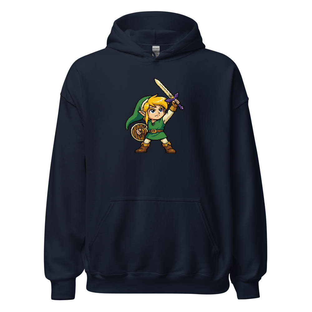 16-Bit Pixel Hero Sword Raise Retro Gamer Tee — Hoodie — navy front view