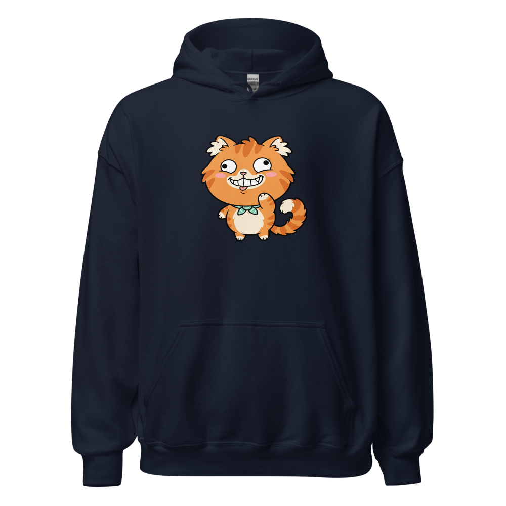 Derpy Orange Tabby Chibi Meme Cat Tee — Hoodie — navy front view